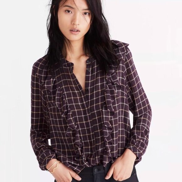 Madewell Purple Windowpane Plaid Ruffle Long Sleeve Top Medium - Picture 2 of 13